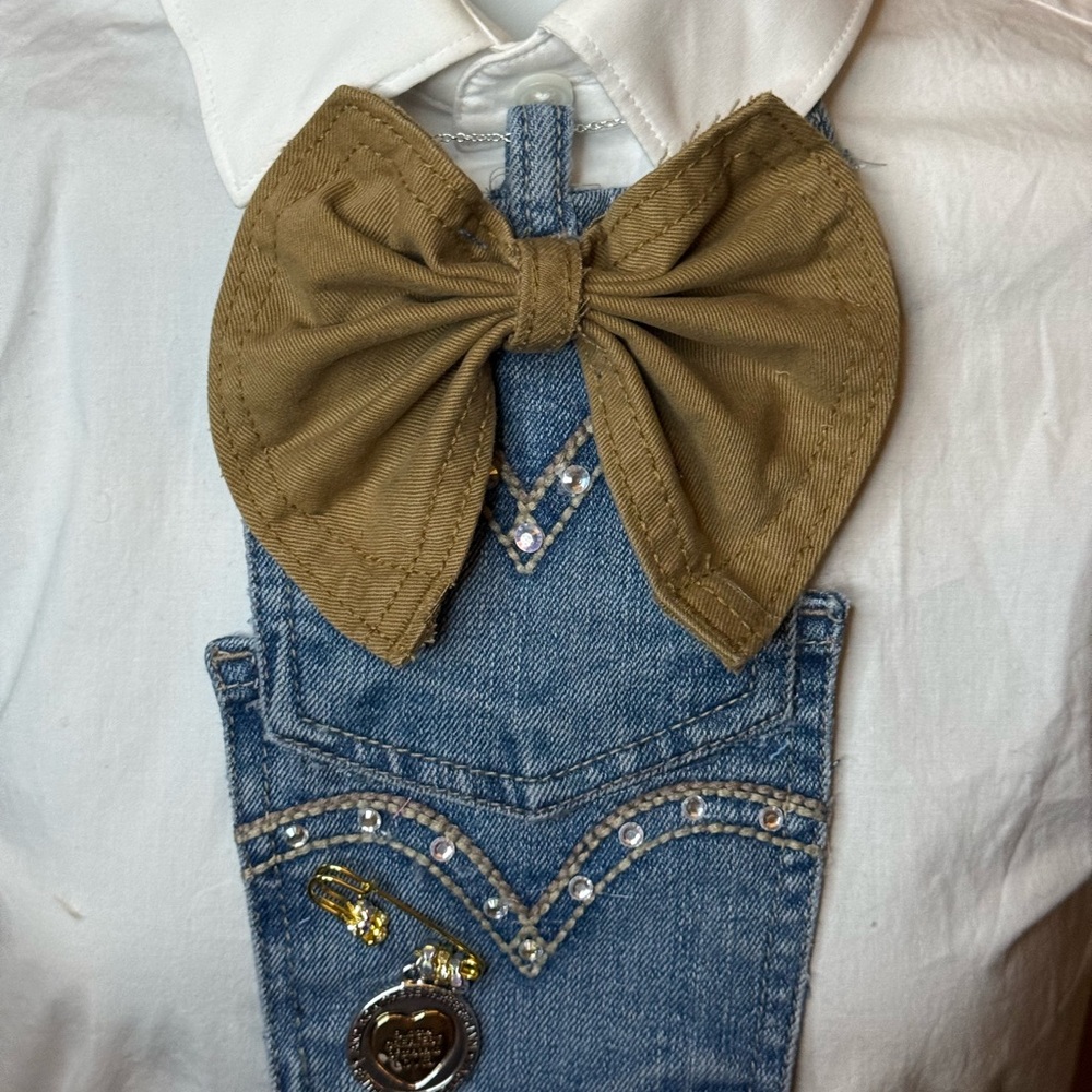 Denim Bib with Khaki Bow Necklace Accent-tie